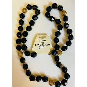 Carol for Eva Graham Black Faceted Beaded Necklace Gold Filigree Accents 34 Inch